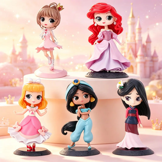 Cute Big Head Cartoon Mulang Arieley Princess Figurines  PVC Toy with Stand Base Cupcake Cake Topper Home Desk Display Decor
