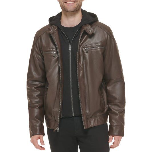 Medium size Calvin Klein Men Motorcycle Jacket With Removable Hoodie brown