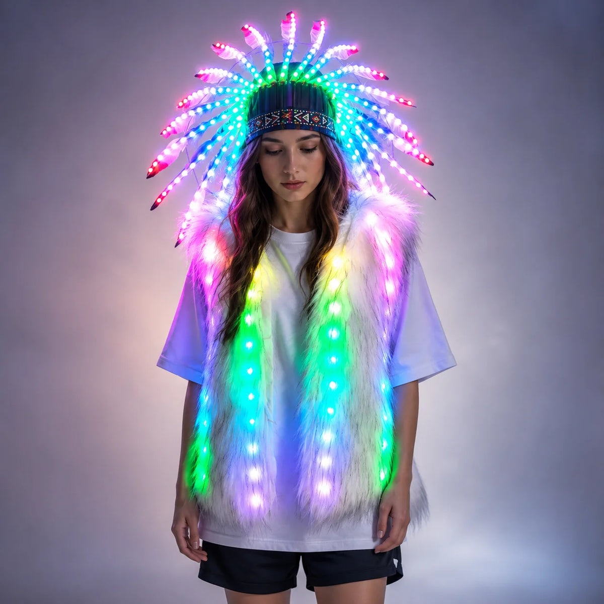 Full Color LED Light up Fur Vest Jacket with Indian Headdress - Performance Outfit for Night Events