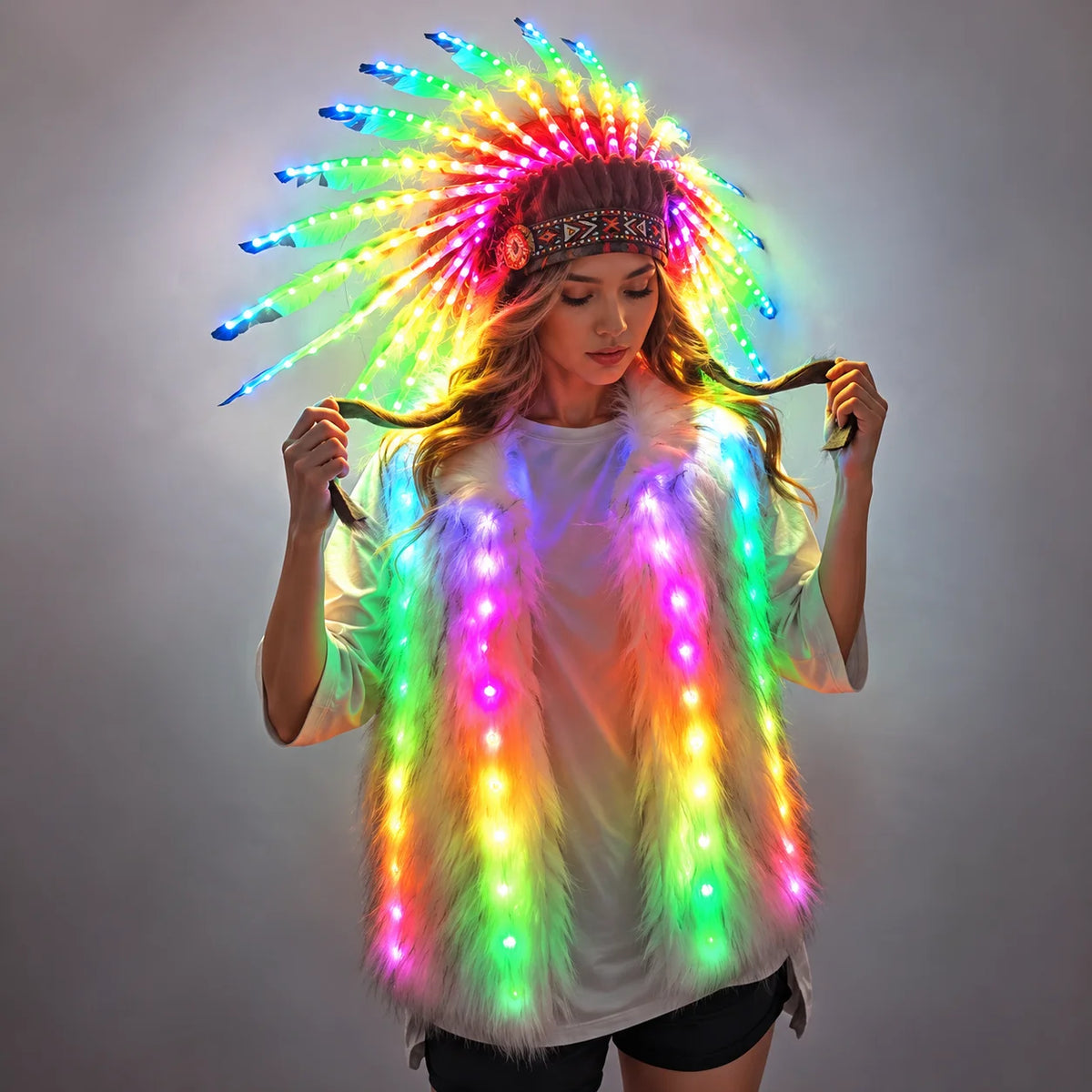 Full Color LED Light up Fur Vest Jacket with Indian Headdress - Performance Outfit for Night Events