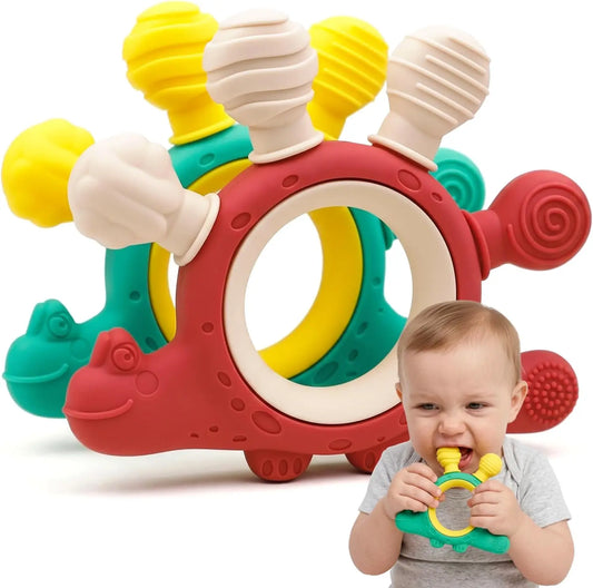 Baby Dinosaur Teether Toy 2 Pack, Silicone Teething Toys for Babies 0-12 Months, Soothing Chew Toys for Teething Relief, BPA Fre