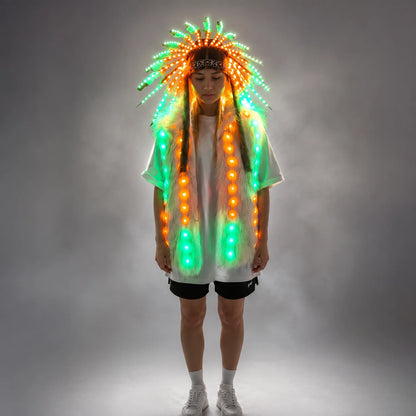 Full Color LED Light up Fur Vest Jacket with Indian Headdress - Performance Outfit for Night Events