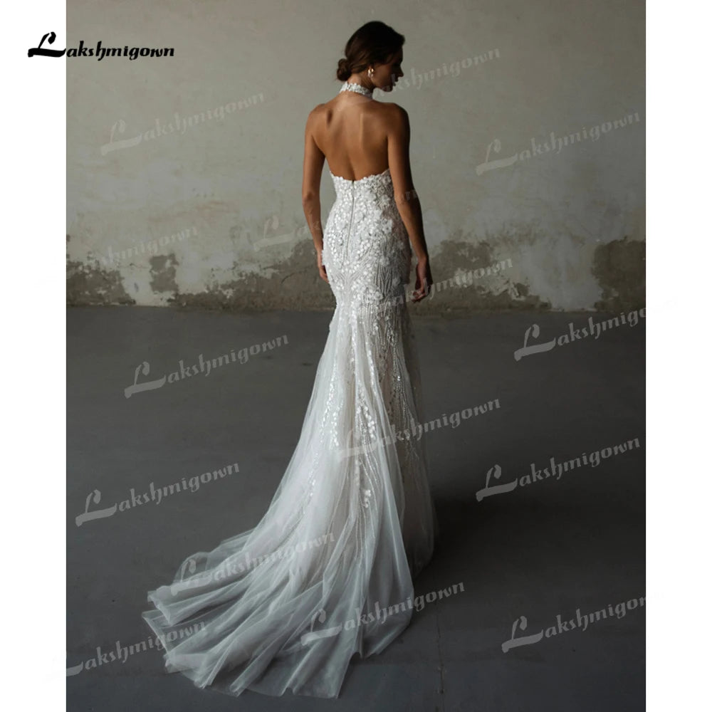 Sexy Halter High Neck Sleeveless Backless Lace Tulle Mermaid Wedding Dress Luxury 2025 Customized Bridal Gowns Vestidos De Novia