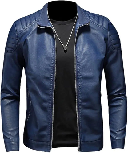 Men Casual Stand Collar Slim Fit Faux Leather Jacket Biker Motorcycle Jacket Motorcycle Biker Jackets (BlueA1Large)