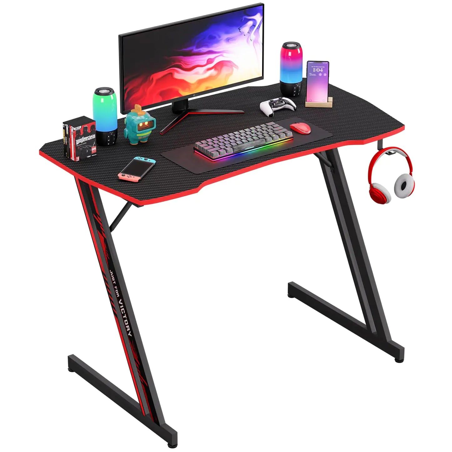 39 Inch Z-Shaped Gaming Desk Computer Desk for Home Office with Headphone Hook Sturdy Workstation Table with Spacious DesktopRed