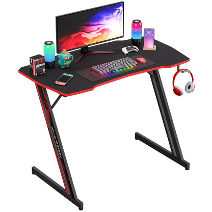 39 Inch Z-Shaped Gaming Desk Computer Desk for Home Office with Headphone Hook Sturdy Workstation Table with Spacious DesktopRed
