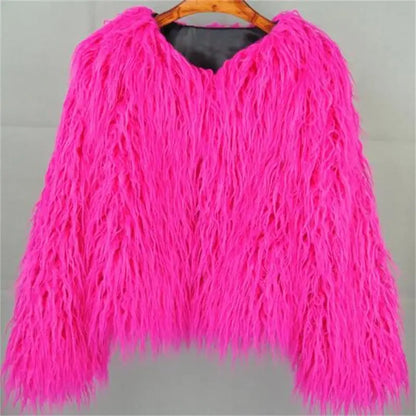 Women's Fur Coat Colorful Furry Pink Lamb Wool Faux Fur Coat Female Shaggy Sheepskin Coat Winter Artificial Fur Jacket