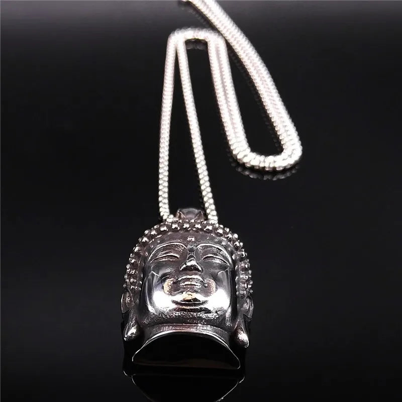 Bohemia Yoga Buddha Head Stainless Steel Necklace Women Silver Color Statement Necklaces Jewelry Collares Para Mujer NZZ64S04