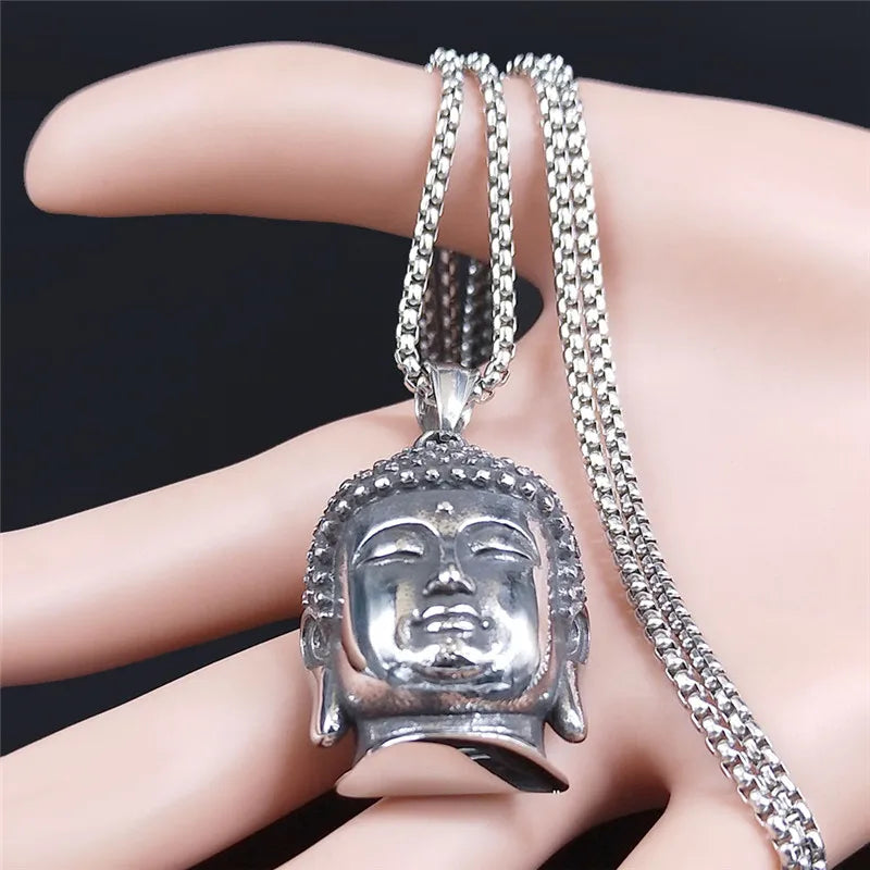 Bohemia Yoga Buddha Head Stainless Steel Necklace Women Silver Color Statement Necklaces Jewelry Collares Para Mujer NZZ64S04