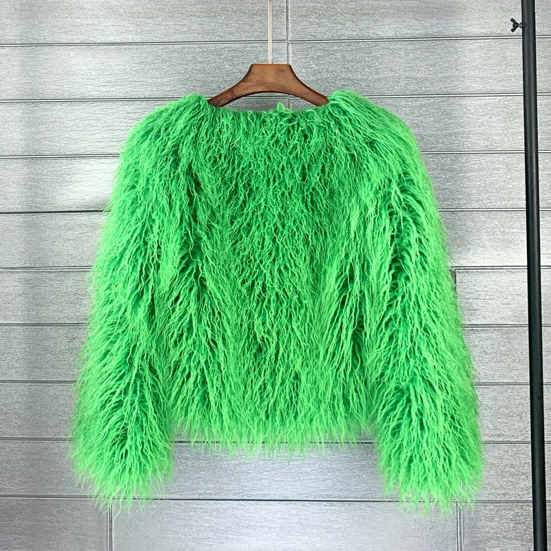 Women's Fur Coat Colorful Furry Pink Lamb Wool Faux Fur Coat Female Shaggy Sheepskin Coat Winter Artificial Fur Jacket