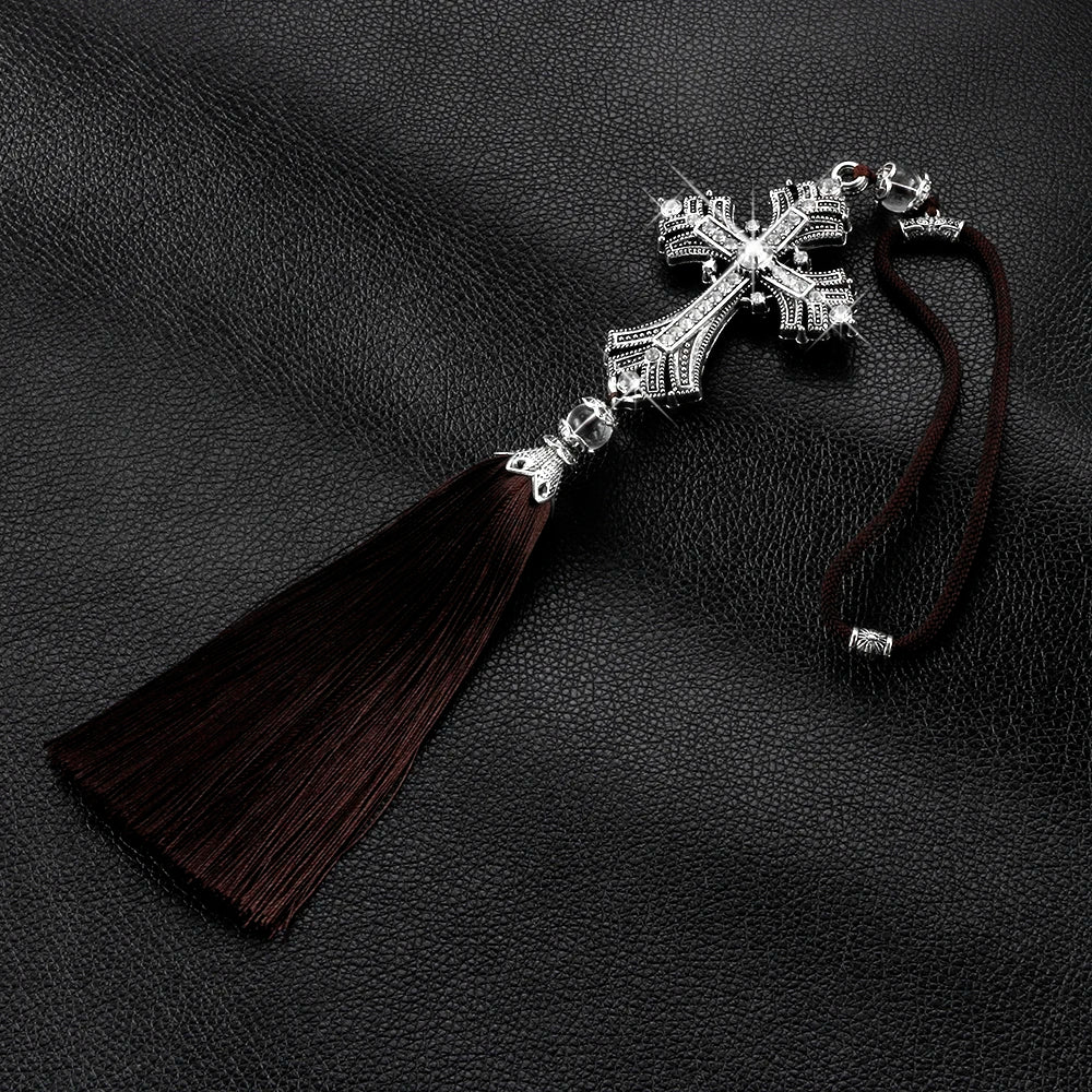 Metal And Crystal Diamond Cross Jesus Christian Car Rear View Mirror Car Pendant Hanging Car Accessories Automobiles Decoration