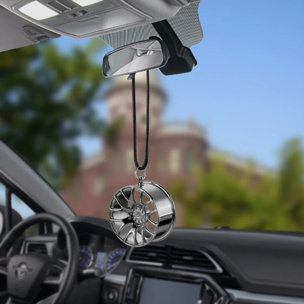 Car Ornament Pendant Metal Wheel Hub Flywheel Hanging Hip-hop Auto Interior Rear View Mirror Decoration Dangle Trim Accessories