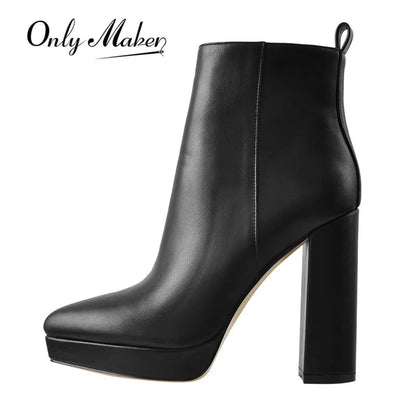 Onlymaker Women Pointed Toe Ankle Boots Black Matte Flock Chunky Heel Platform Booties Party Shoes Large Size Short Boots