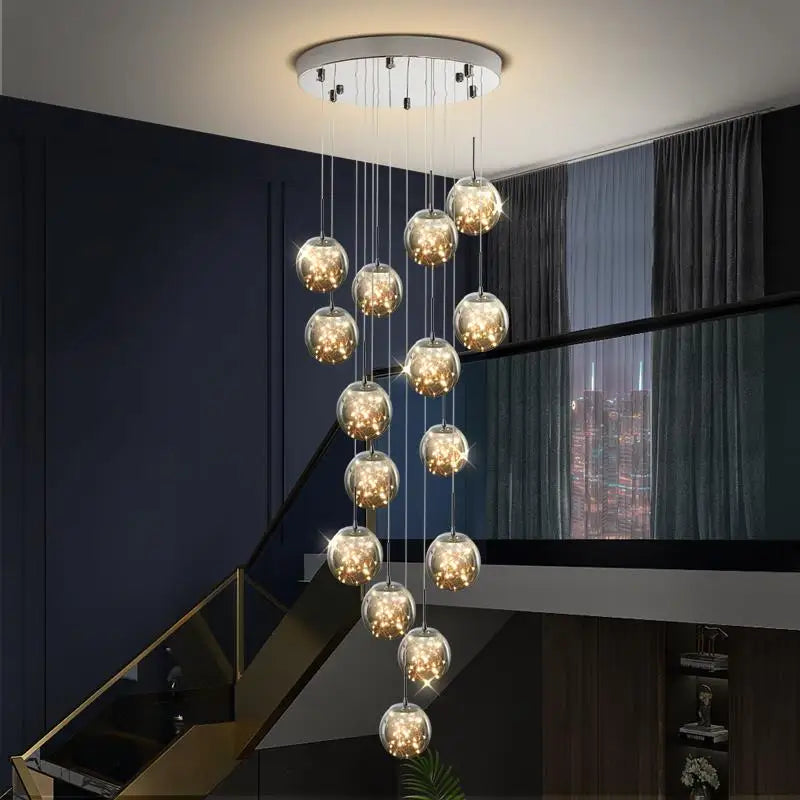 Modern LED Glass Ball Dimmable Chandelier Staircase Lustre Living Room Chandelier Lustre Home Decoration Ceiling Chandelier
