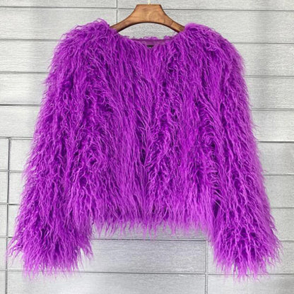 Women's Fur Coat Colorful Furry Pink Lamb Wool Faux Fur Coat Female Shaggy Sheepskin Coat Winter Artificial Fur Jacket