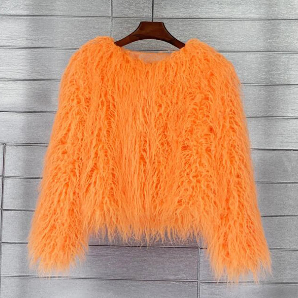 Women's Fur Coat Colorful Furry Pink Lamb Wool Faux Fur Coat Female Shaggy Sheepskin Coat Winter Artificial Fur Jacket
