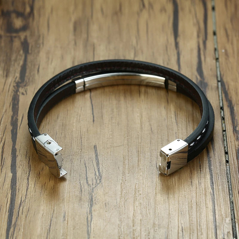 Unique Sew Lines Genuine Leather Bracelets for Men Women Stainless Steel Bar Layered Bangle Causal Pulseira
