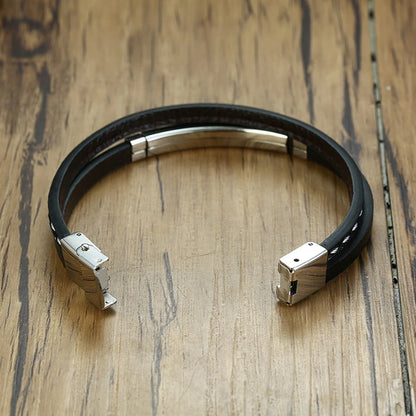 Unique Sew Lines Genuine Leather Bracelets for Men Women Stainless Steel Bar Layered Bangle Causal Pulseira