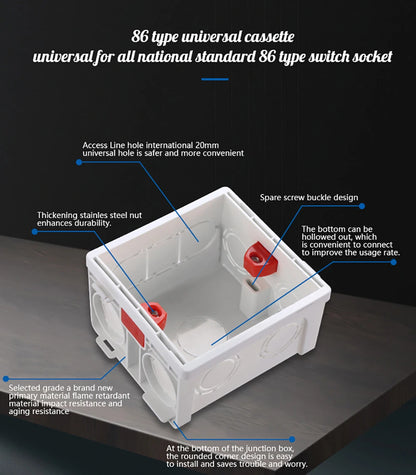 Switch Socket Box Atlectric Mounting Cassette Junction Hidden Concealed Internal Mounting Wall Box Cassette Type 86mm White