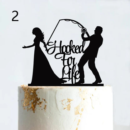 Fishing Style Wedding Cake Topper Funny Mr & Mrs Happy Birthday Hooked For Life Happy Retirement Acrylic Wooden Cake Decoration