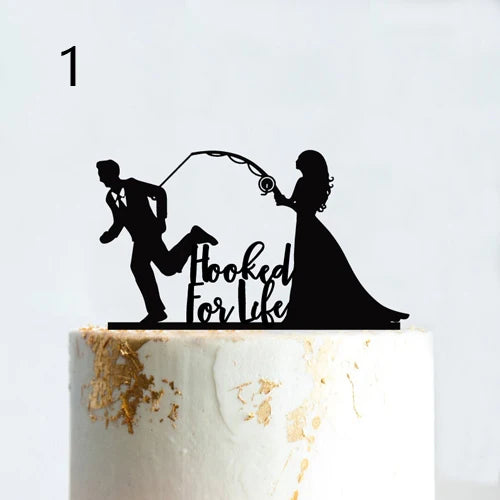 Fishing Style Wedding Cake Topper Funny Mr & Mrs Happy Birthday Hooked For Life Happy Retirement Acrylic Wooden Cake Decoration
