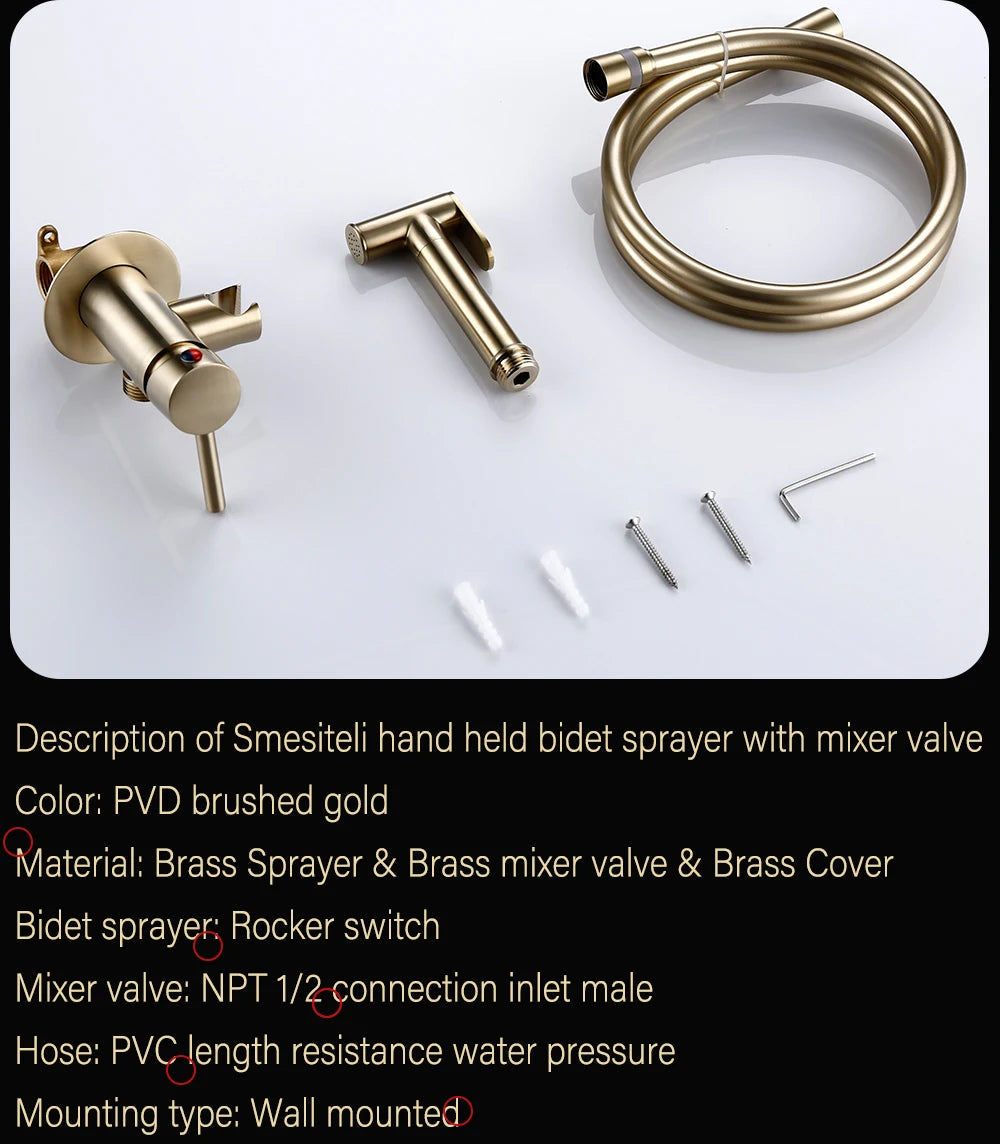 Brushed Rose Gold Bidet Sprayer Faucet Bathroom Mixer Wall Mounted Hot Cold Water With Hose Smesiteli