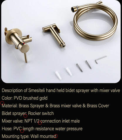 Brushed Rose Gold Bidet Sprayer Faucet Bathroom Mixer Wall Mounted Hot Cold Water With Hose Smesiteli