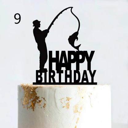 Fishing Style Wedding Cake Topper Funny Mr & Mrs Happy Birthday Hooked For Life Happy Retirement Acrylic Wooden Cake Decoration