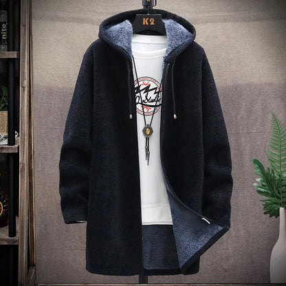 Mens Long Knit Cardigan Autumn Winter Sweater Coat Fleece Heavy Hooded Trench Coat Solid Chenille Men's Fashion Jacket