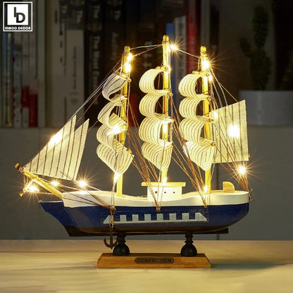 Creative Wooden LED Sailboat Sailing Boat Vessel Model Home Decor Mediterranean Style Home Decoration Decor Accessories Gift