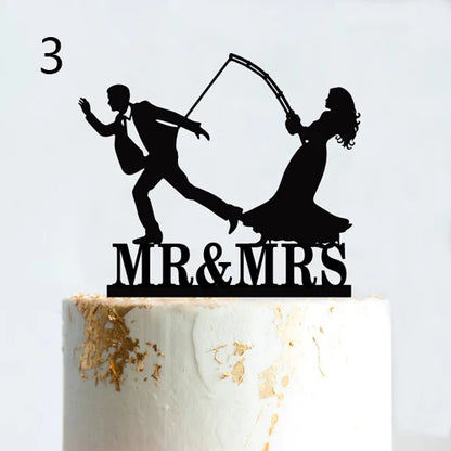 Fishing Style Wedding Cake Topper Funny Mr & Mrs Happy Birthday Hooked For Life Happy Retirement Acrylic Wooden Cake Decoration