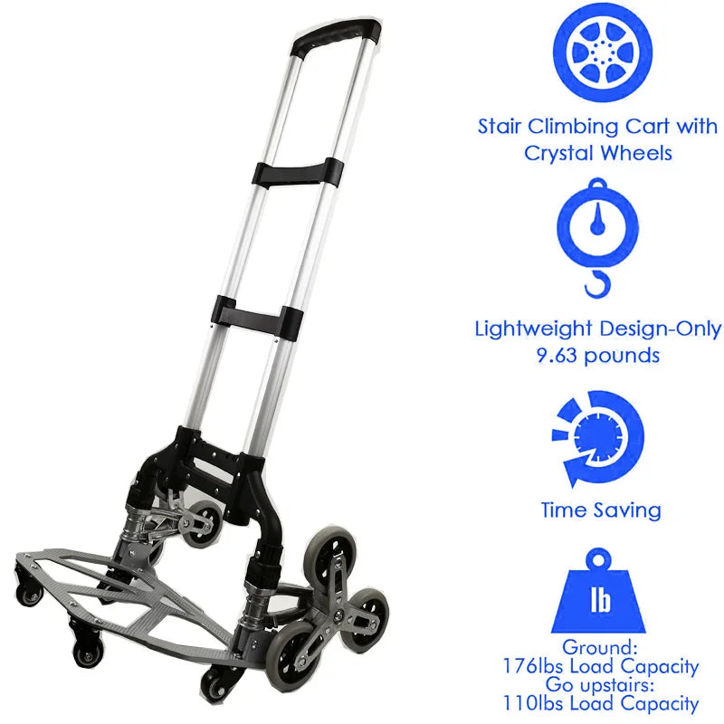 100KG All Terrain Stair Climbing Cart Hand Truck with Bungee Cord Folding Trolley for Upstairs Cargo with 6 Crystal Wheels 트롤리