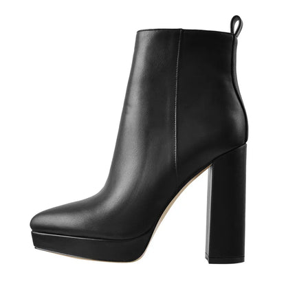 Onlymaker Women Pointed Toe Ankle Boots Black Matte Flock Chunky Heel Platform Booties Party Shoes Large Size Short Boots