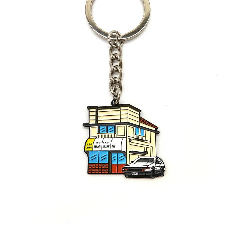 JDM Cultural Style Fujiwara Tofu Shop Keychain Key Ring Anime AE86 Car Modification Pendant Header Car Accessories Decoration