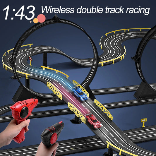 Electric Powered Slot Car Racing Kids Toy Race Track Set Includes 2 Hand Controllers Featuring 1:43 Scale