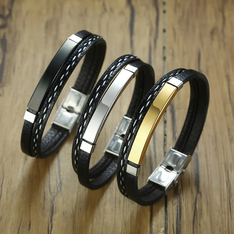 Unique Sew Lines Genuine Leather Bracelets for Men Women Stainless Steel Bar Layered Bangle Causal Pulseira