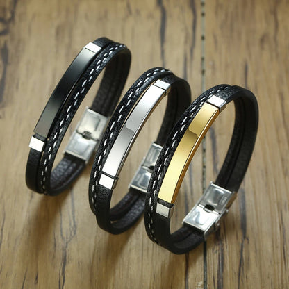 Unique Sew Lines Genuine Leather Bracelets for Men Women Stainless Steel Bar Layered Bangle Causal Pulseira