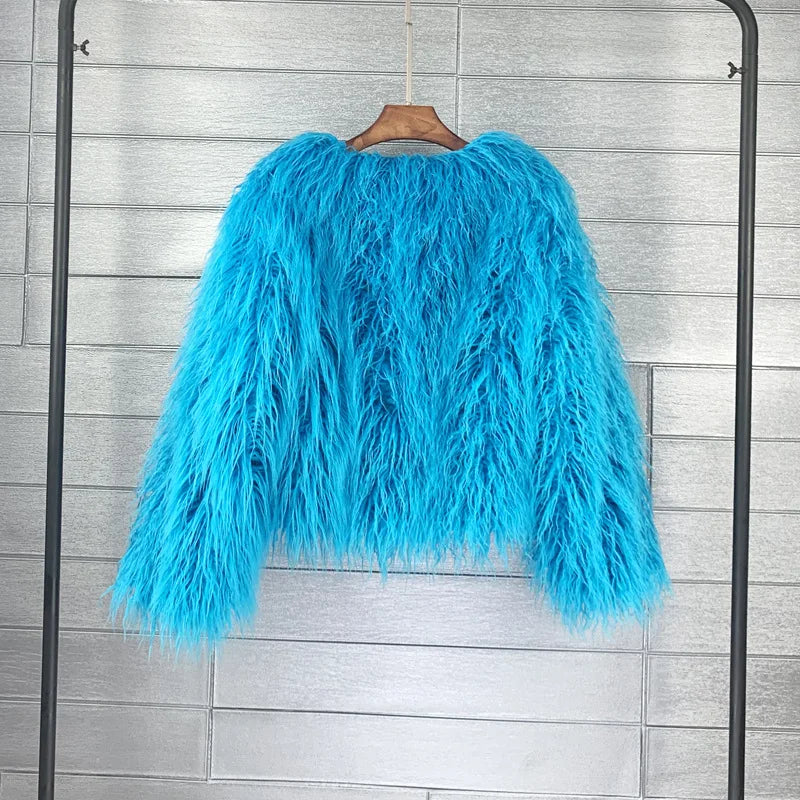 Women's Fur Coat Colorful Furry Pink Lamb Wool Faux Fur Coat Female Shaggy Sheepskin Coat Winter Artificial Fur Jacket