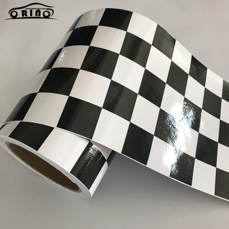 15x500cm Black And White Glossy Racing Sports Checkered Flag Vinyl Decal Motorbike Car Sticker Wrap Foil Air Release