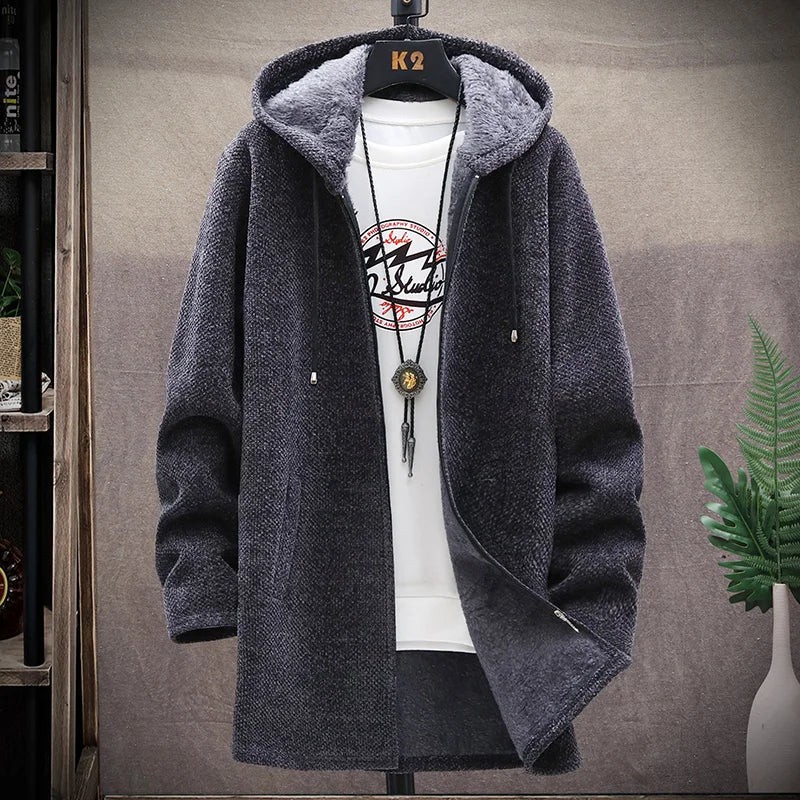 Mens Long Knit Cardigan Autumn Winter Sweater Coat Fleece Heavy Hooded Trench Coat Solid Chenille Men's Fashion Jacket