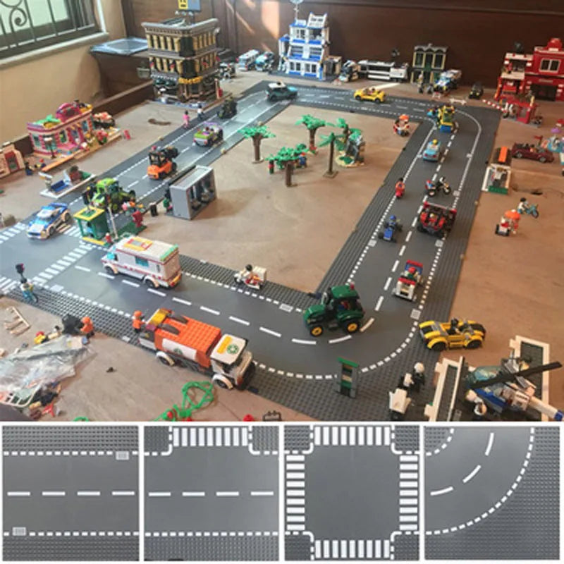 City Road Street Baseplate Straight Crossroad Curve T-Junction Building Blocks Base Plates Construction for Children Kids