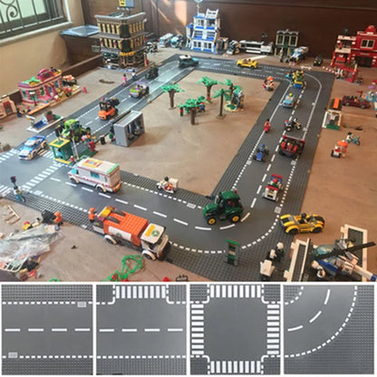 City Road Street Baseplate Straight Crossroad Curve T-Junction Building Blocks Base Plates Construction for Children Kids