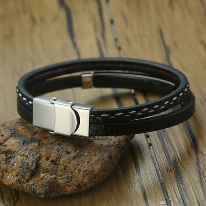 Unique Sew Lines Genuine Leather Bracelets for Men Women Stainless Steel Bar Layered Bangle Causal Pulseira