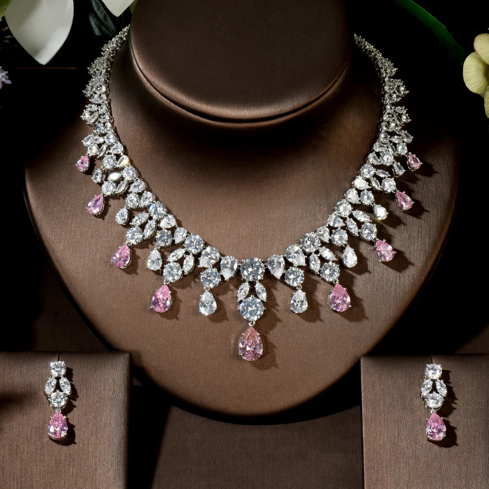 HIBRIDE Luxury Wedding Jewelry Nigerian Design Cubic Zirconia Large Bridal Choker Necklace Earrings Sets For Women bijoux N-1454