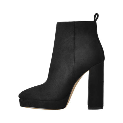 Onlymaker Women Pointed Toe Ankle Boots Black Matte Flock Chunky Heel Platform Booties Party Shoes Large Size Short Boots