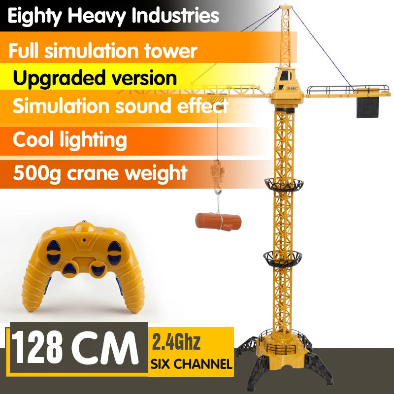 New 2026 Upgraded Version Remote Control Construction Crane 6CH 128CM 680 Rotation Lift Model 2.4G RC Tower Crane Toy For Kids