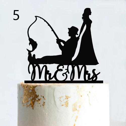 Fishing Style Wedding Cake Topper Funny Mr & Mrs Happy Birthday Hooked For Life Happy Retirement Acrylic Wooden Cake Decoration