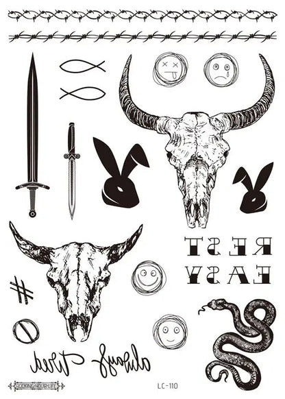 Big Size Malone Tattoo Bull Head Face Sticker Men Neck Hand Back Cool Body Art Temporary Tattoo Sword Letter Fake Tatoo 21x15cm