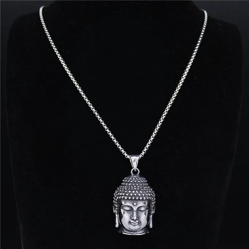 Bohemia Yoga Buddha Head Stainless Steel Necklace Women Silver Color Statement Necklaces Jewelry Collares Para Mujer NZZ64S04