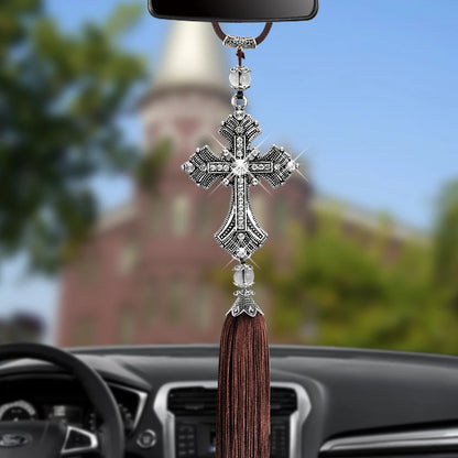 Metal And Crystal Diamond Cross Jesus Christian Car Rear View Mirror Car Pendant Hanging Car Accessories Automobiles Decoration